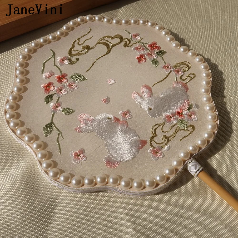 JaneVini Lovely Rabbit Embroidery Bridal Fan Chinese Style Wedding Party Bride Dance Hand Fan Polygon Pearl Wedding Bouquets