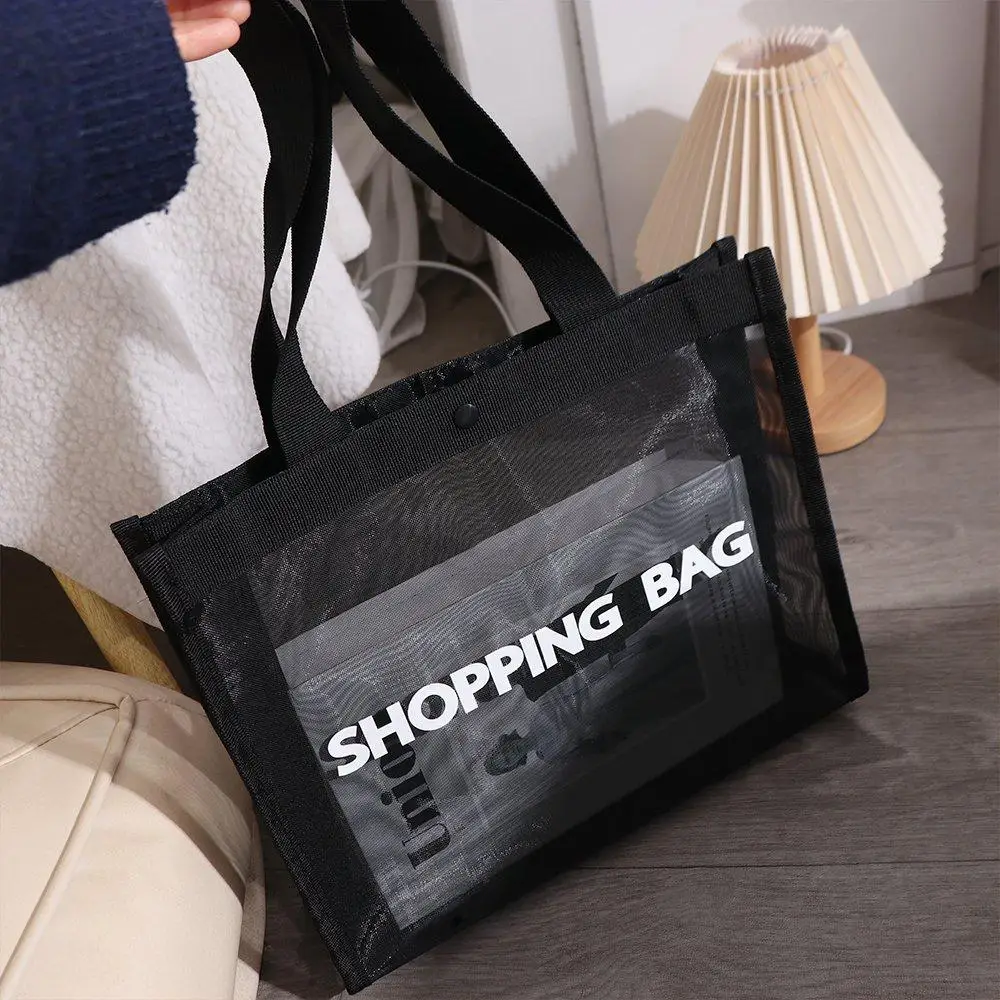 Saco de compras de malha de nylon preto para mulheres, grande capacidade, sacolas transparentes, ginásio, praia, viagens, bolsa de ombro única, novo