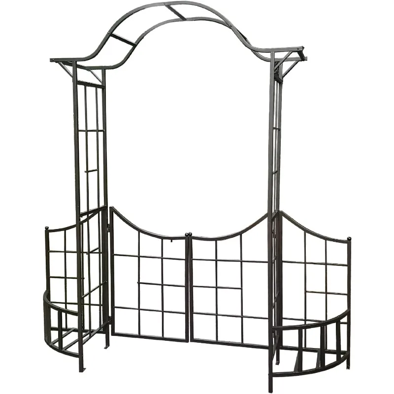 Decorative Steel Garden Arch Arbor Trellis with Gate, Fence and Planter Holders for Climbing Plants