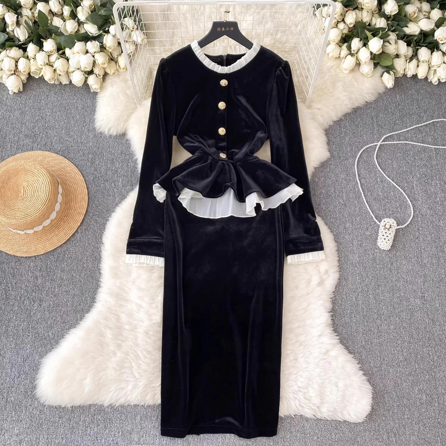 

High Quality Autumn Velvet Fake Two Piece Black Pencil Dress Women's O Neck Ruffles Flare Sleeve Ladies Office Bodycon Clothes