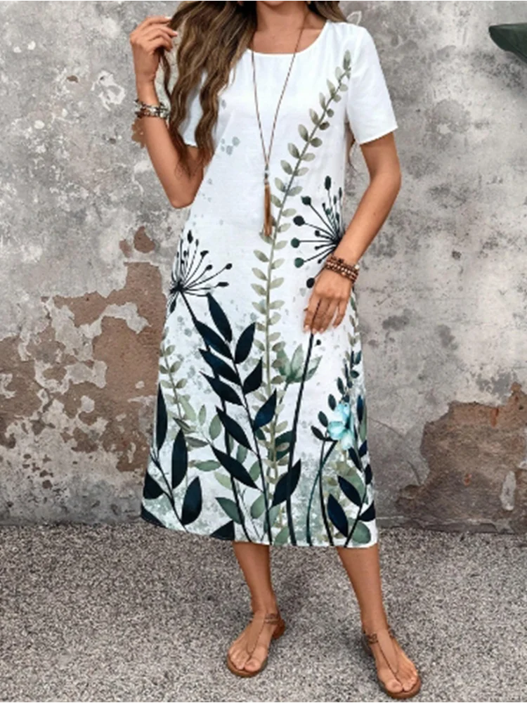 Damesjurk met bloemenprint, korte mouwen, casual ronde hals, modieuze straat, elegante zomerjurk in woon-werkstijl