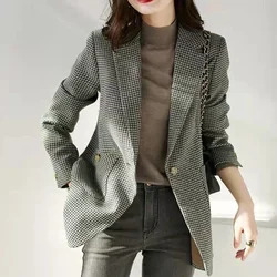 Green Jacket Coats for Women Skinny Plaid Outerwears Korean Fall Clothes Simple Cheap Stylish in Promotion Check Blazer Woman