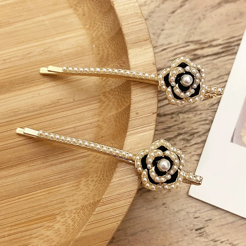 Elegent Black Rose Flower Hair Clip For Women Exquisite Glitter Rhinestone Pearl One-Word Clips Broken Bangs Hairbands Headdress