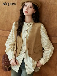 MISHOW Women's Khaki V-neck Autumn Suede Vest 2024 Autumn Casual Coat Symmetrical Fake Pocket Metal Buttons Vests MXD48W0472