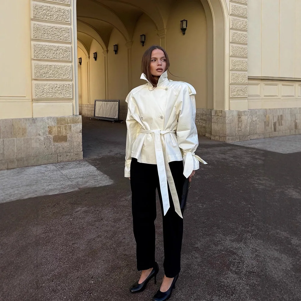 Automne et hiver femmes Vintage Blazer col cravate manteau couleur unie ample décontracté à manches longues taille cintrée vêtements d'extérieur