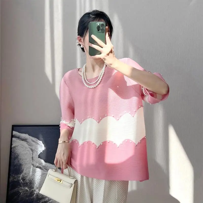 Pleated Top 2024 Summer New Contrast Beaded Round Neck Loose Top Temperament Short Sleeve Pullover T-shirt