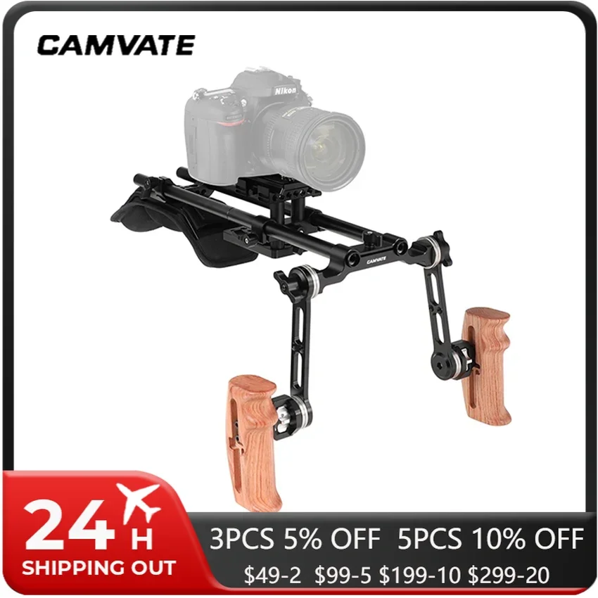 CAMVATE DSLR Camera Shoulder Mount Rig With Manfrotto Quick Release Baseplate & Dual Rosette Wooden Handgrips & Shoulder Pad