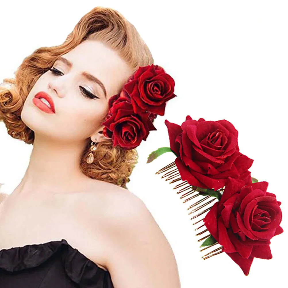 

2Pcs Rose Hair Comb Elegant Bridal Side Combs Fabric Clips for Wedding Party Hanfu Gifts Red Long Practical Charm Style