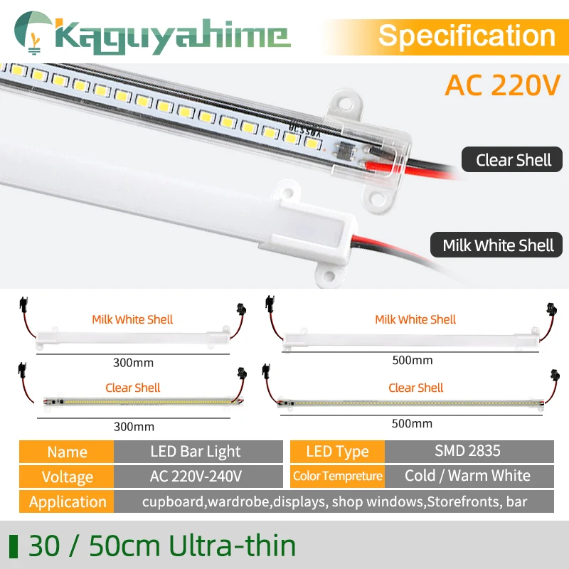 Barra de luz LED fluorescente, lámpara de ahorro de energía, luz nocturna para techo y pared, 1/2/4 piezas, 220V, 30cm, 50cm