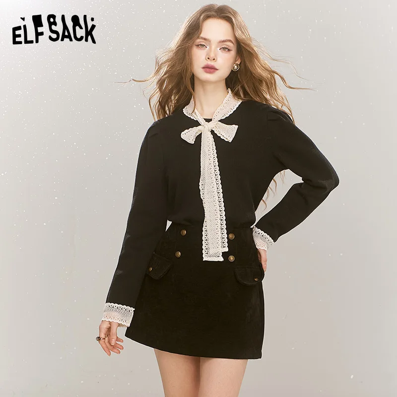 ELFSACK 2024 Winter New Arrivals Elegant lace patchwork slim tie bow pearl button French knit sweater