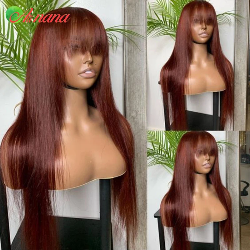 Onda del cuerpo de color marrón rojizo con flequillo, peluca Frontal de encaje 13x6, peluca de cabello humano Remy brasileño para mujeres, pelucas con cierre de encaje 5x7