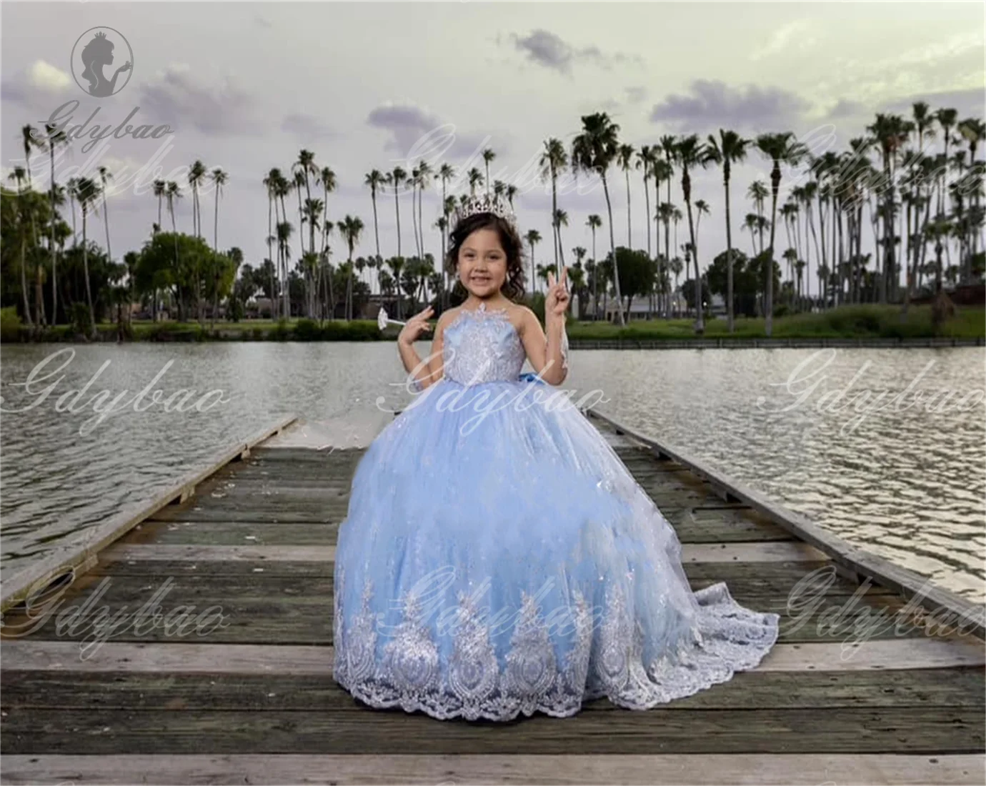 Céu azul branco renda apliques festa vestidos da menina de flor princesa para crianças comunhão aniversário ocasiões especiais vestido noite