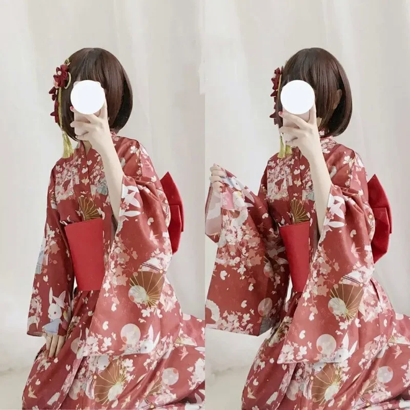 

Japan Women Traditional Costume Sakura Kimono Yukata With Obi Novelty Evening Dress Japanese Cosplay Costume Floral One Size