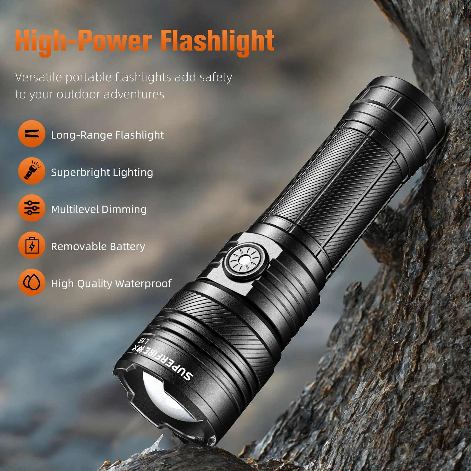 SUPERFIRE L18 7W LED Zoomable Flashlight 310M Lighting Distance USB-C Rechargeable 1500mAh Torch for Camping Fishing Lantern