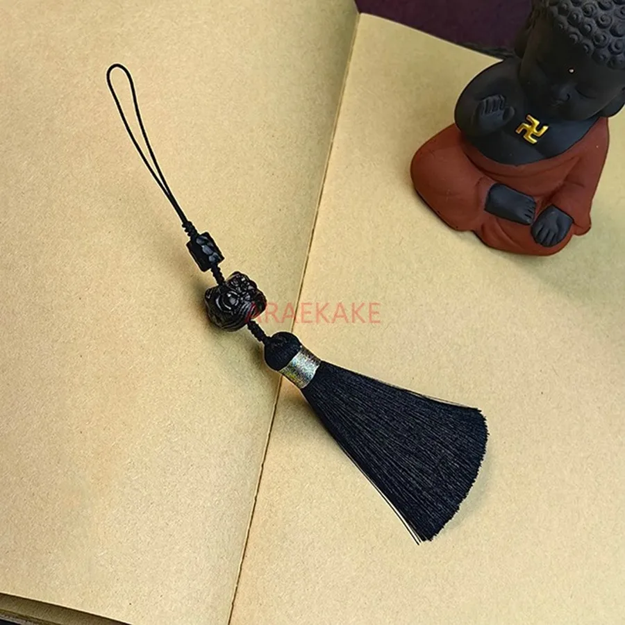 Ciondolo danza del leone in ebano fatto a mano in stile cinese, accessori per telefoni cellulari con nappe fatte a mano, accessori chiave