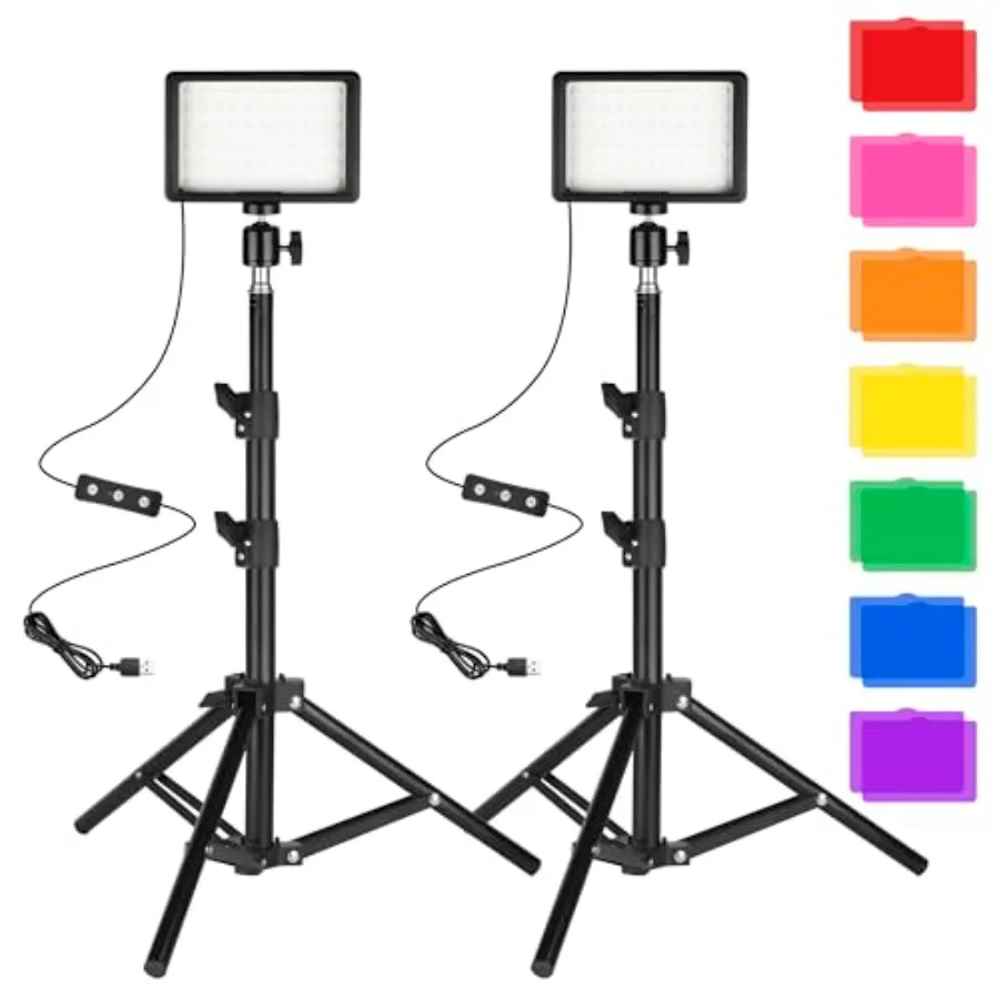 

【New model】LED Photo Video Light 2-Pack Dimmable 5600K USB LED Continuous Light Photography Light with Tripods and Color Filter