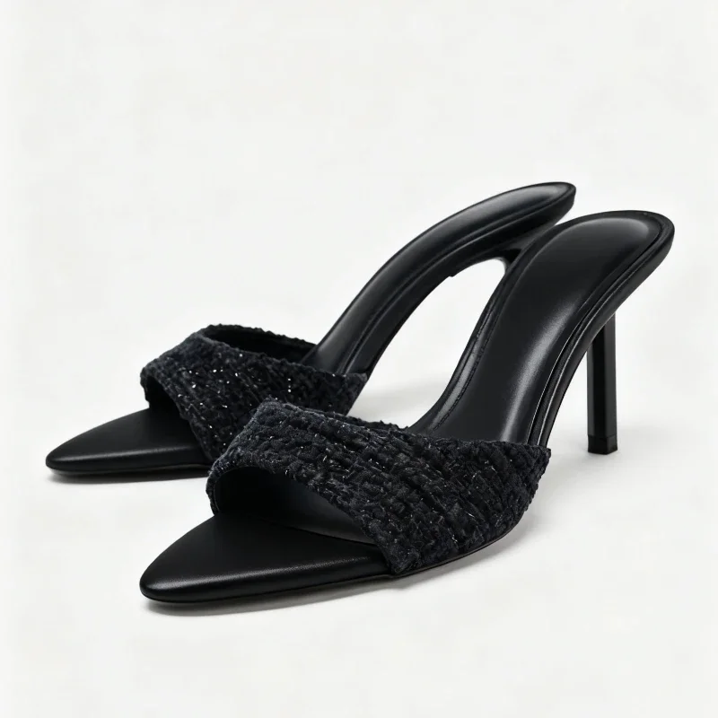 Diseñadores De lujo tacones altos para Mujer único puntiagudo azul sandalias deslizantes De algodón Sexy punta abierta vestido De noche Zapatos De Mujer