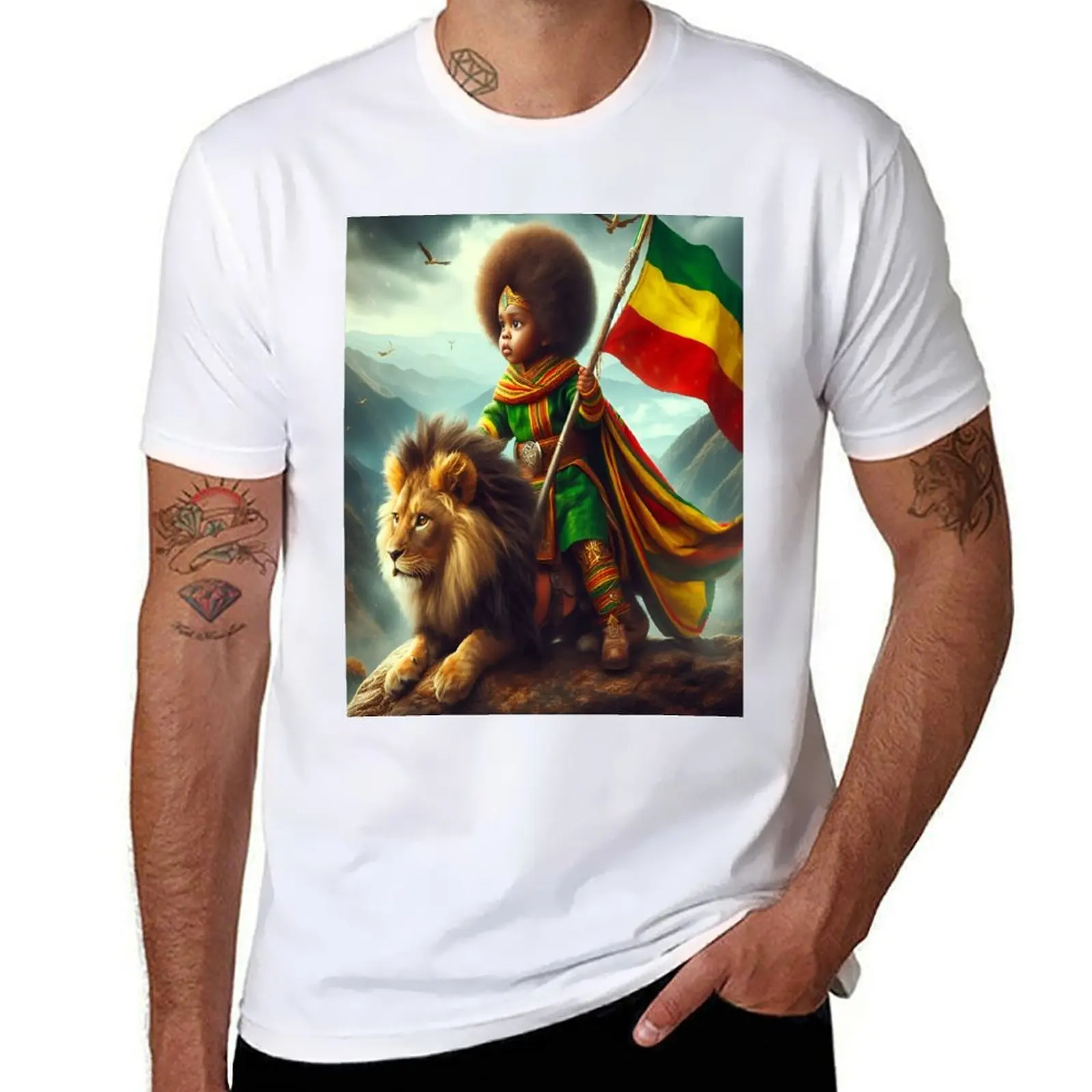 

Ethiopian kid warrior riding lion T-Shirt t shirts for man cotton funny t shirts for man cotton soft T-Shirt