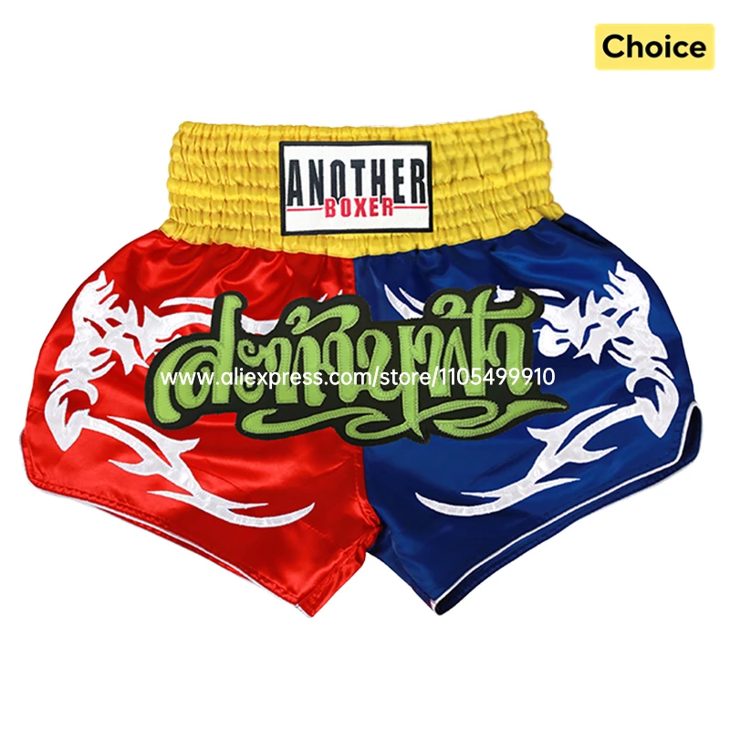 Muay Thai Shorts für Herren, Damen und Kinder, Rot-Blau, Satin-Boxshorts mit Flammen- und Thai-Buchstaben-Stickerei, Kickbox-MMA-Kampfshorts