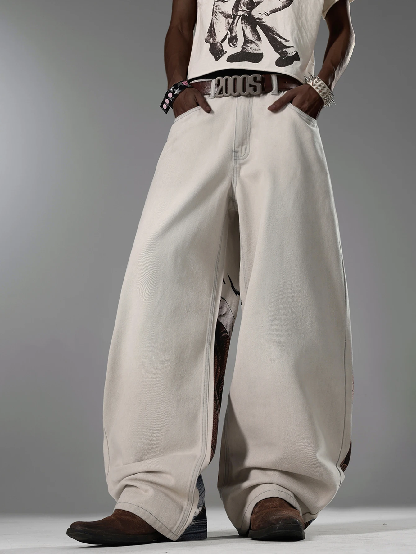 American Retro Art Natural Print Light Gray Baggy Jeans Man y2k Street Trend Fashion Versatile Straight-Leg Wide Pants