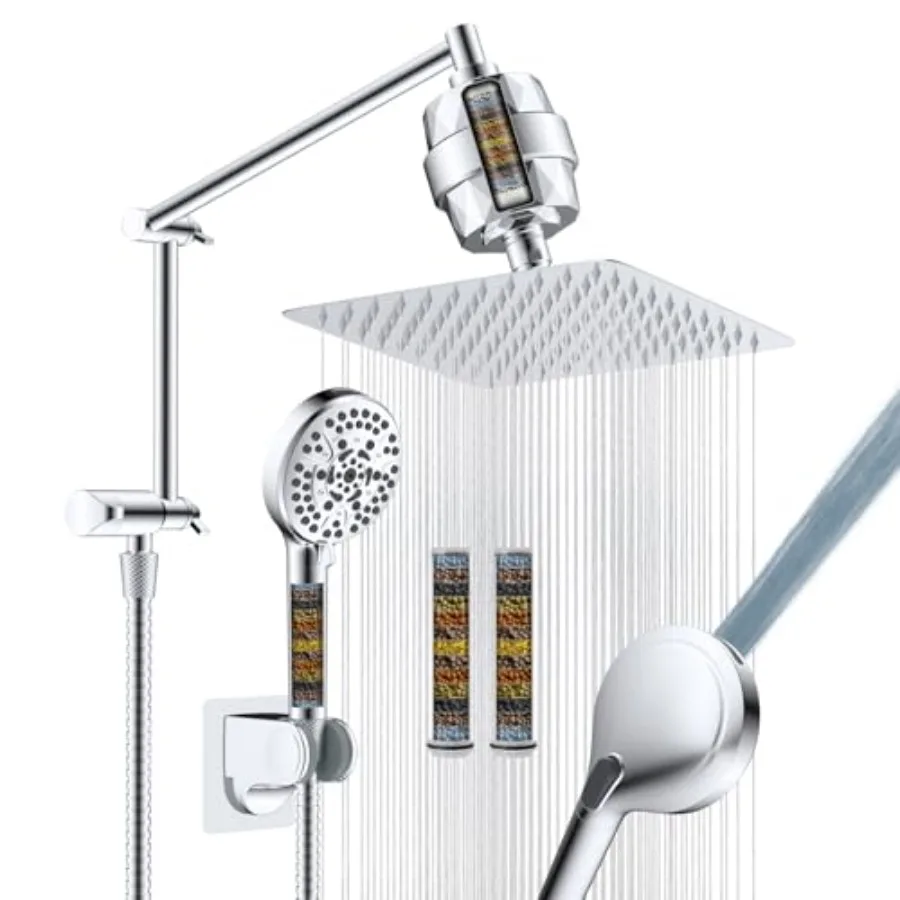 

Metal rain filtered shower head for bathroom, chrome, high pressure rainfall with handheld spray, 10-mode, 20-stage filtration,