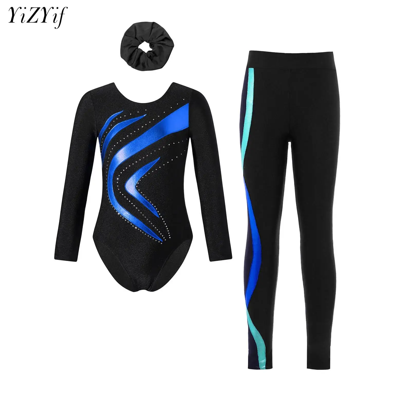 

Kids Girls Ballet Gymnastics Dance Sets Sports Outfit Long Sleeve Leotard with Leggings Hairband Suit Class Training Costume