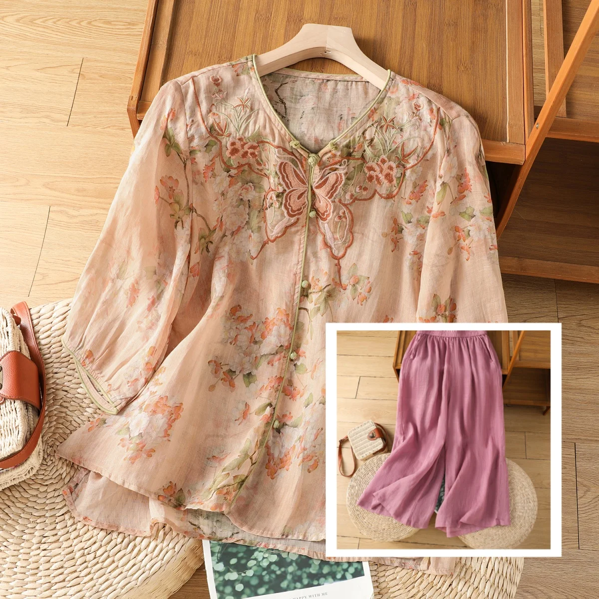 

Повседневный хлопково-льняной комплект с вышивкой для женщин больших размеров: модный костюм-двойка (брюки и универсальный топ) для весны и лета