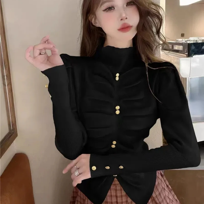 Small Fragrance New Pleated Buttons Design Pullover Autumn Winter High Collar Long Sleeve Slim Tops Sweet Fashion Women Clothing