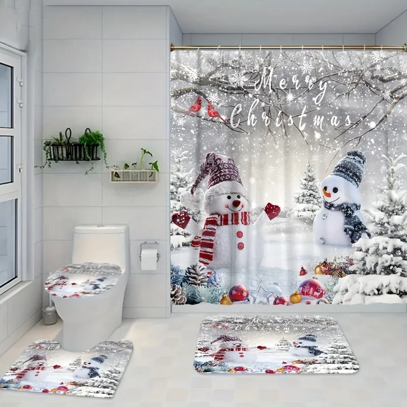 Jolly snowmen, Christmas Snowman shower curtain set with hooks-waterproof, fade-resistant polyester bathroom decor kit