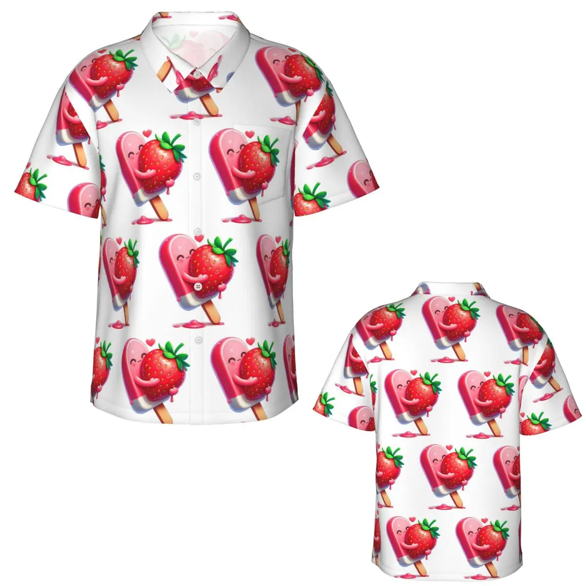 Strawberry Ice Cream Dessert Hawaiian Shirts Fashion Men Short Sleeve Shirt for Summer Beach Men's Button Tops
