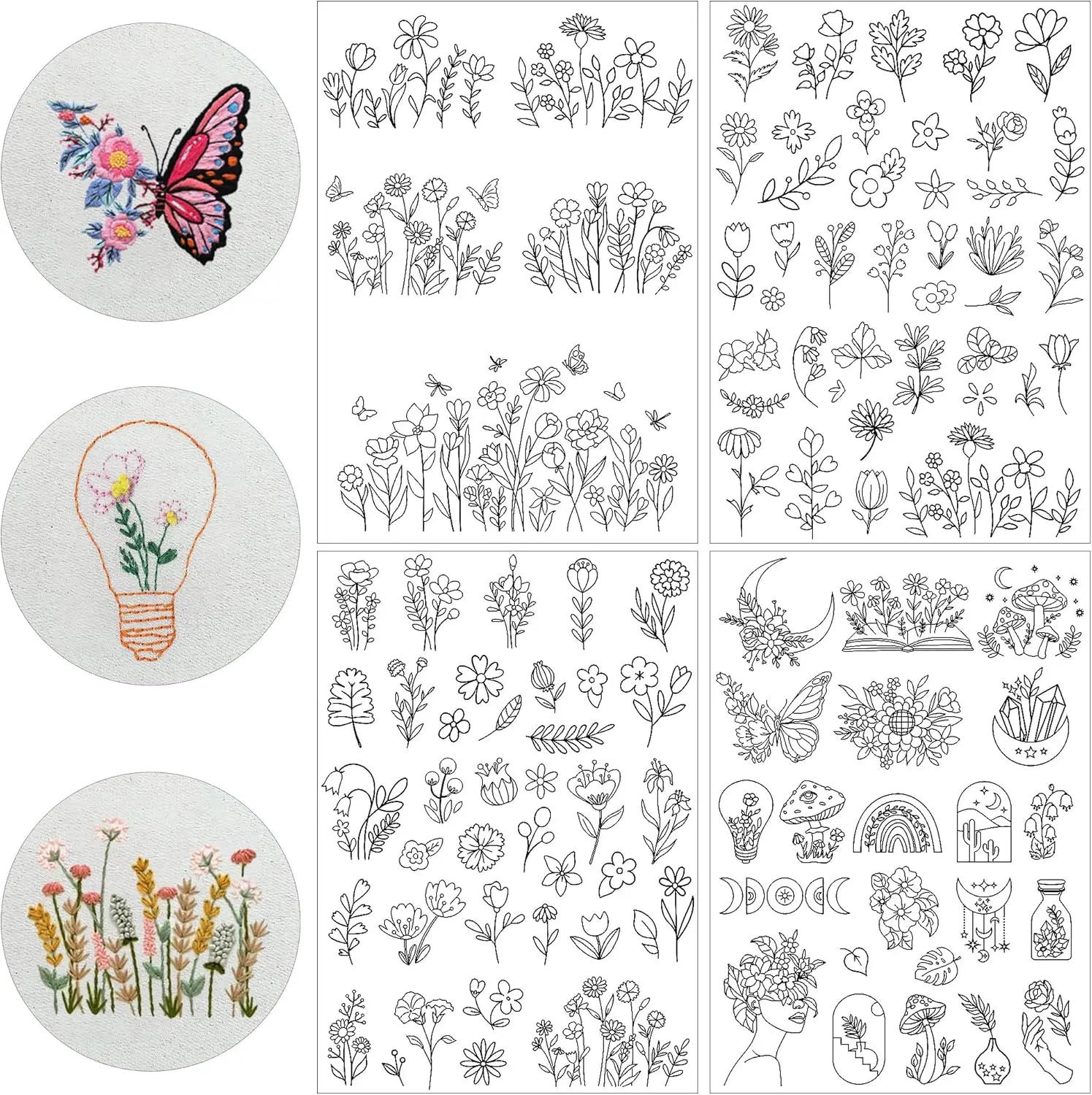 مثبتات التطريز القابلة للذوبان في الماء، أنماط الحروف، عصا التطريز والورق مع أنماط الزهور المطبوعة مسبقًا