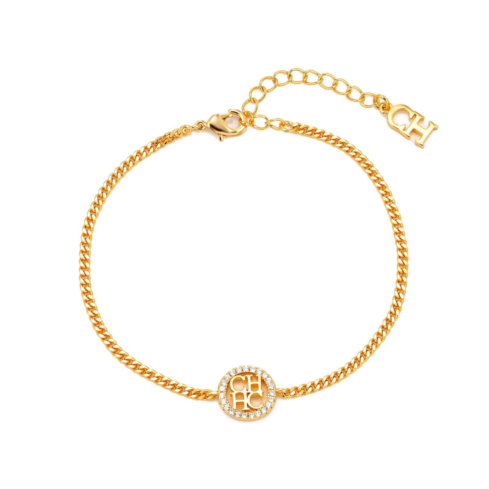

CHILN HENA Ladies Circular Letter Hollow-Out Golden Bracelet Cuban Chain Fashion Jewelry Adjustable Gold-Plated Brass B055