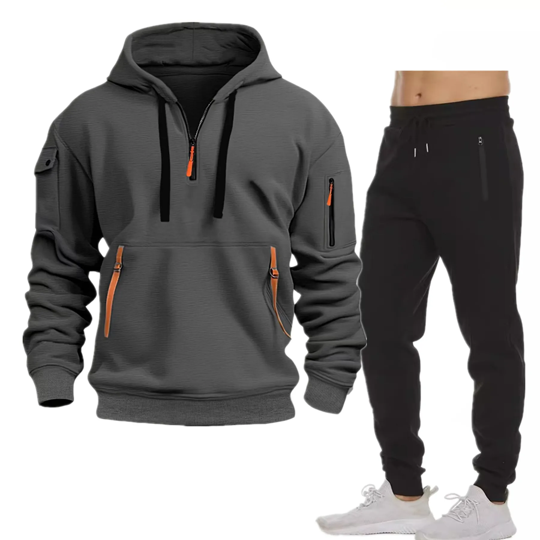 New Multi-pocket Men Autumn Winter Set Half zip Hoodie + Pants Pieces Suit Casual Men's Sportswear Warm Clothing Suit