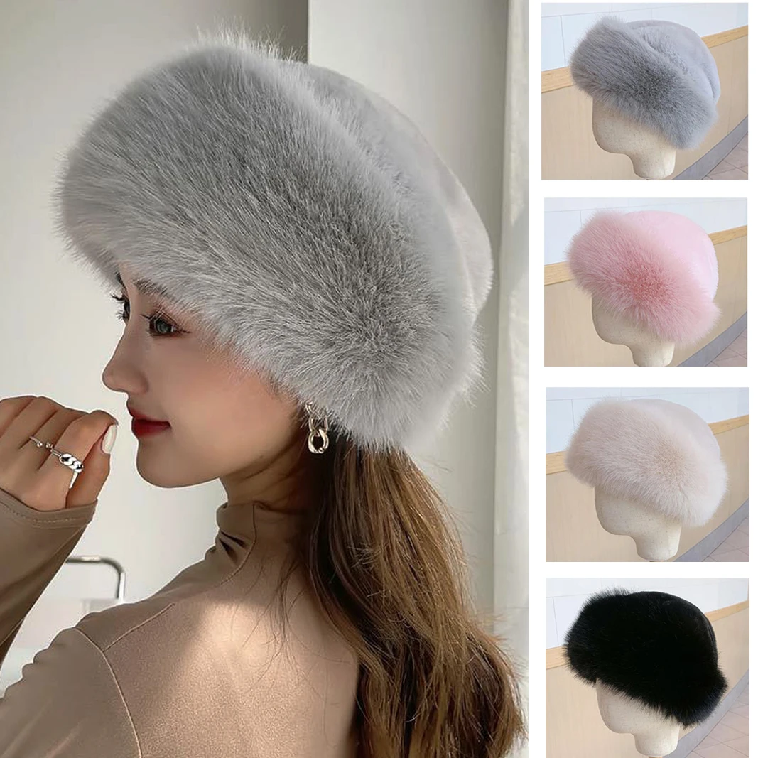 Faux Fur Winter Hat for Women Beanies Solid Color Plush Outdoor Warm Fluffy Snow Ski hats Russian Cap Female