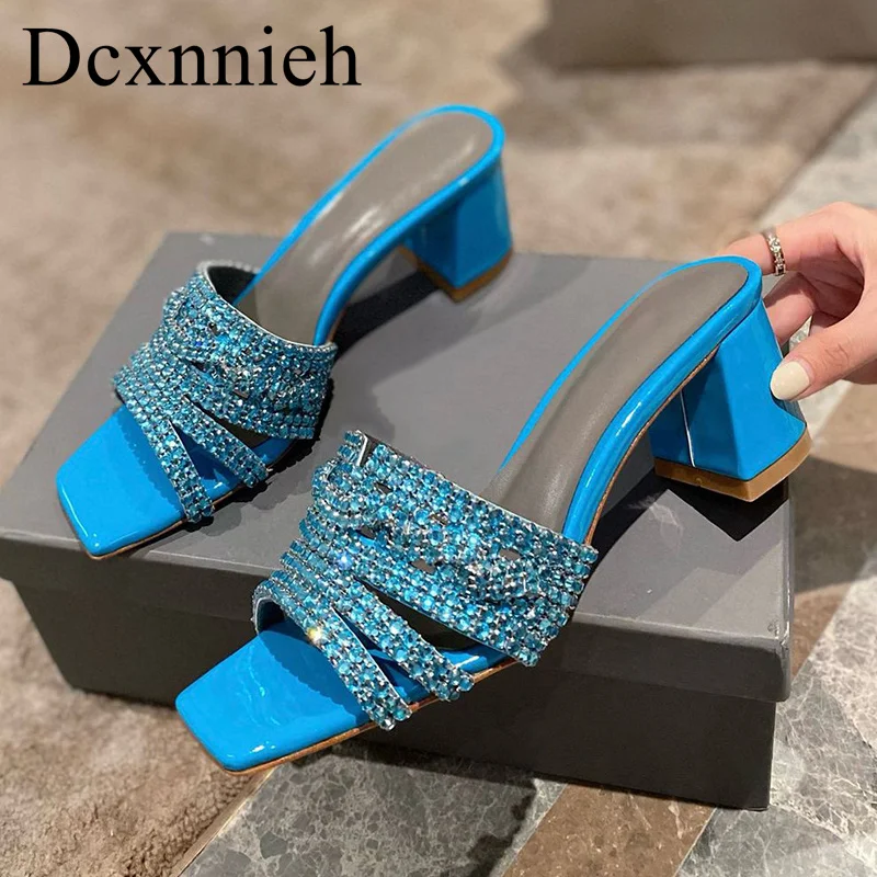 

New Rhinestone Decor Thick Heel Slippers Women's One Strap Solid Color Open Toe Sandals Summer Sexy Party Dress Shoes Pumps