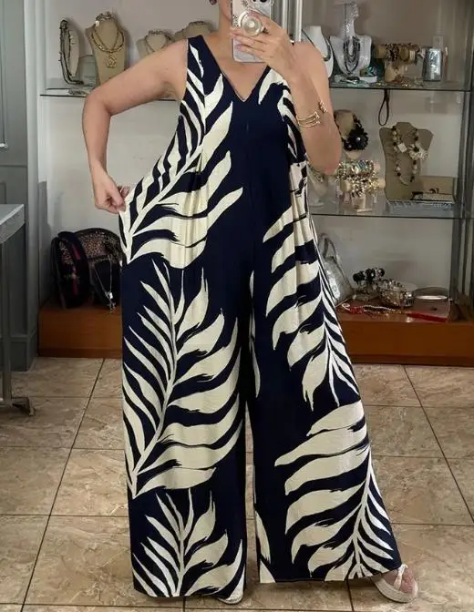 

Tropical Plants Print V-Neck Sleeveless Zipper Back Overalls Casual Ruched Wide Leg Loose Fit Jumpsuit