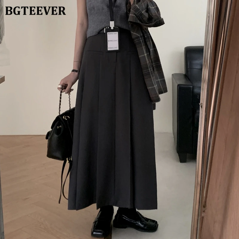 BGTEEVER High Waist Belted Women Pleated Skirts Elegant Loose Single Button Female Mid-Length Skirts Spring Summer