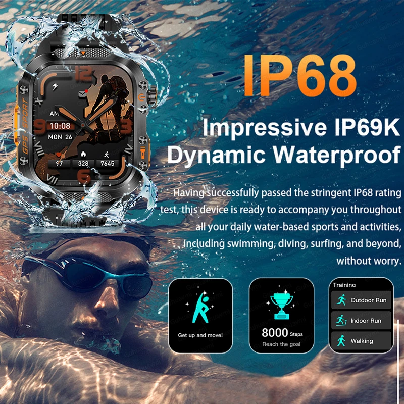 2025 العلامة التجارية الجديدة في الهواء الطلق العسكرية لتحديد المواقع ساعة ذكية 2.01 "AMOLED شاشة IP69K مقاوم للماء البوصلة بلوتوث دعوة الرياضة سوار السباحة