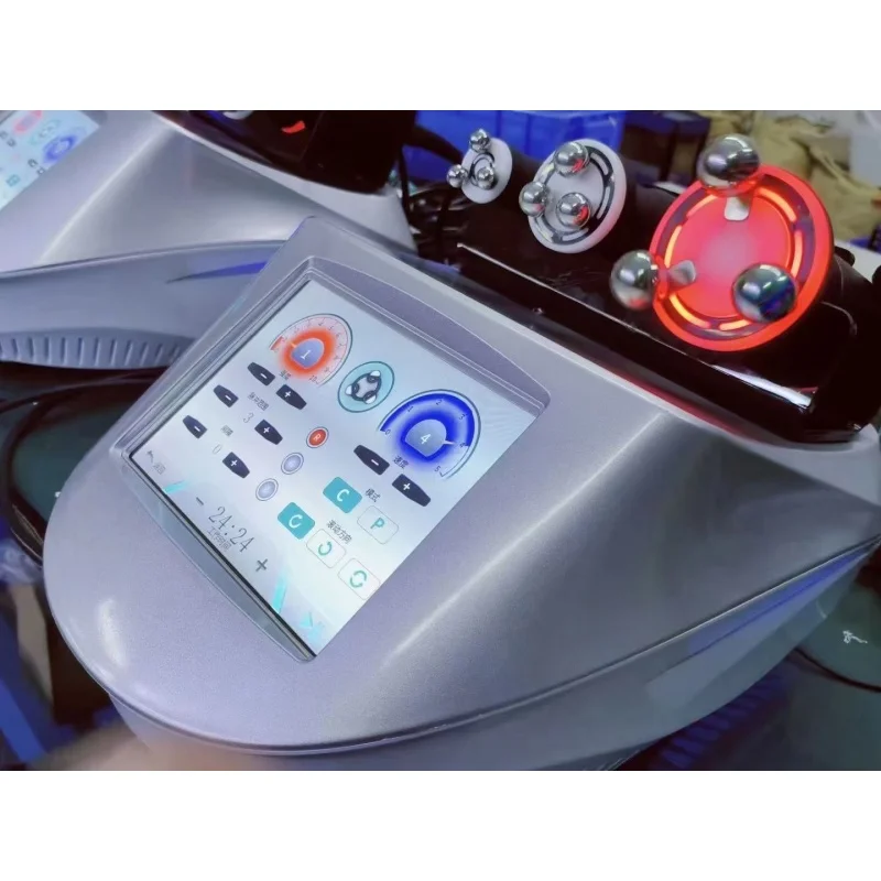 

360° rotating RF lifting device for face and body sculpting with LED light function, used for facial protein regeneration.