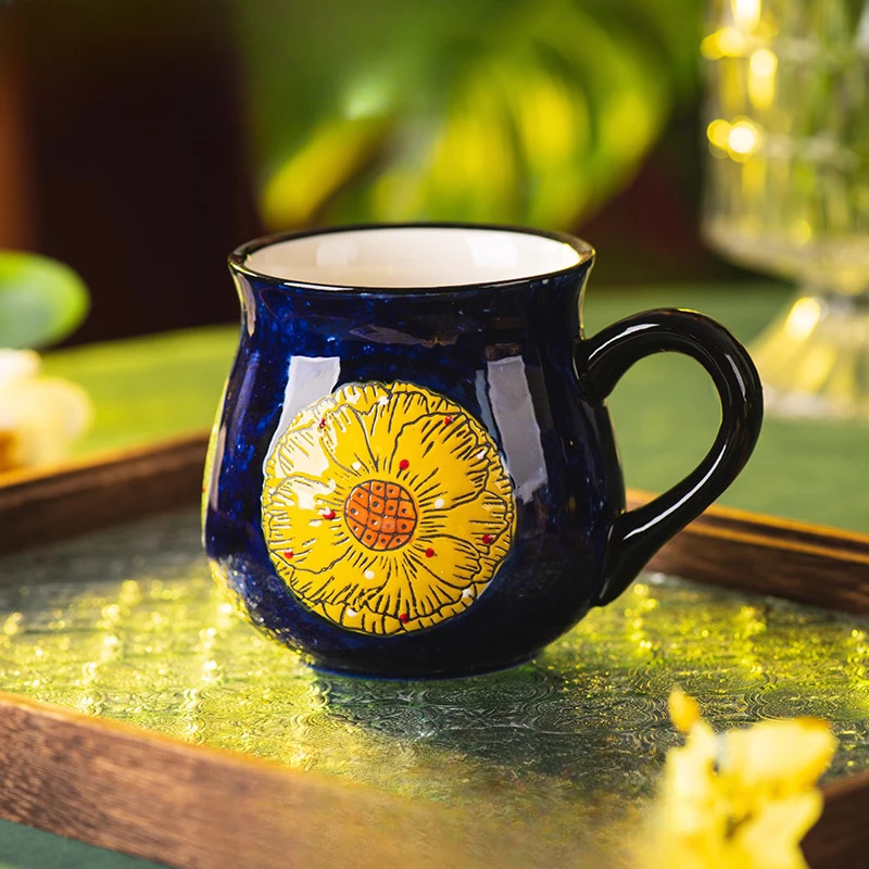 Chinese Style Ceramic Gift Cute Mug, Home Personal Office Creative Hand Drawn Flower Patterns, Milk Water Coffee Cup, 450ml, 1Pc