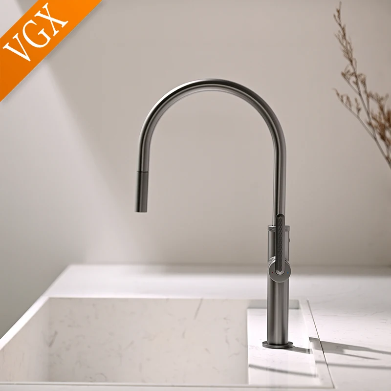 VGX Gold Kitchen Faucet Stainless Steel Sink Faucets Pull Out Stream Sprayer Tap Brushed Rotatable Kitchen Mixer Water Tap Crane