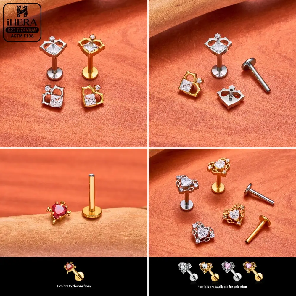 ASTM F136 Titanium Heart Shape Sparkly CZ Inlaid Lip Ring Nose Labret Stud  Ear Cartilage Piercing Jewelry Bulk Earrings view 3