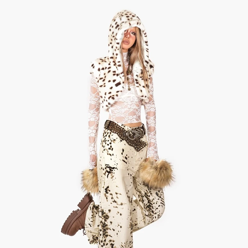 American Retro Leopard Print Hooded Women's Vest 2025 Autumn Winter New Design Sexy Sweet Hot Girl Furry Vest Short Top Ladies