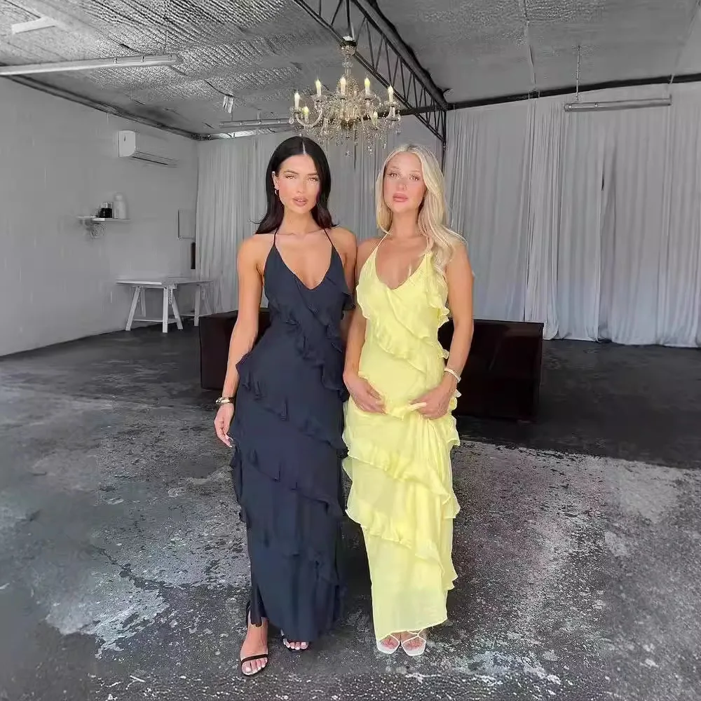 2025 Damen Faion Sexy Color Overhead Svel Belted Ne Hanging Bal Long Dr Damen Freizeitkleidung