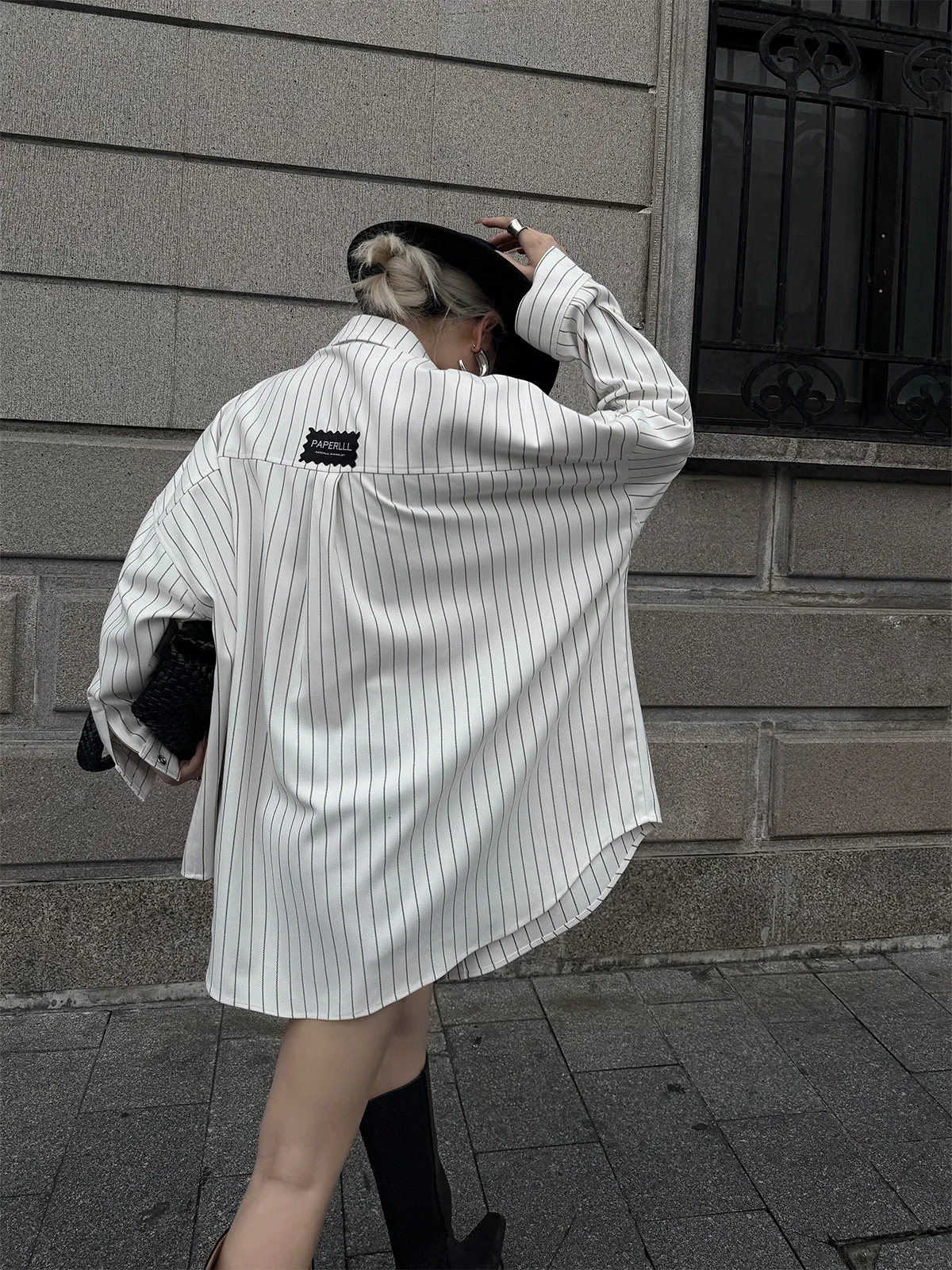 

PAPERLLL Женская свободная рубашка оверсайз в полоску с отложным воротником, длинными рукавами, повседневная, из смесового полиэстера, модный топ