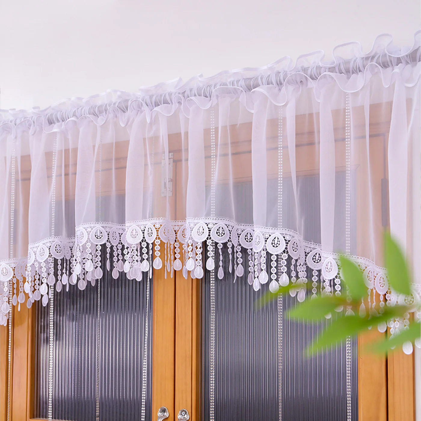 1PC Lace Semi-Transparent Sheer Curtain With Crystal Beads, Light Filtering Window Valance, For Cafe, Lovely Housewarming Gift