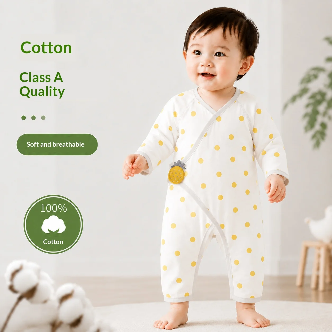 

Infant Kimono Wrap Romper Cotton Summer Breathable Baby Tie-Side Jumpsuit Yellow Polka Dot Newborn Bodysuit For Toddler