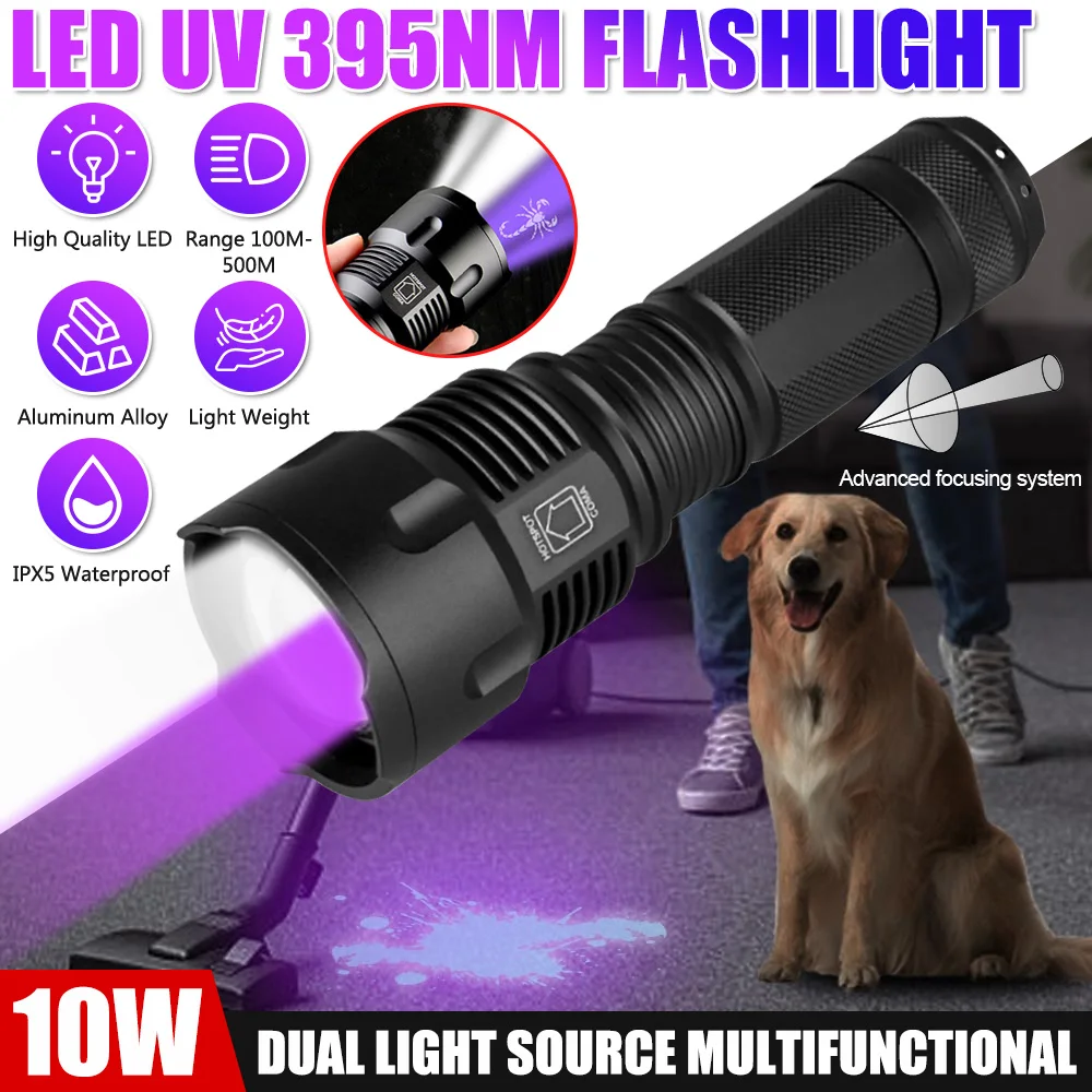 LED UV 395nm Ultra Flashlight Ultraviolet Torch With Zoom Function Mini Blacklight Violet Flashlights for Fluorescence Detection