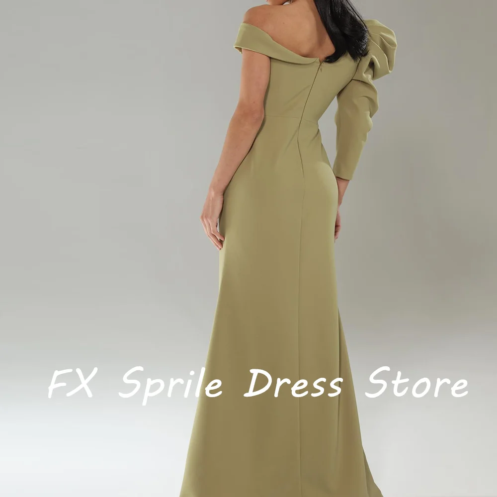 One Shoulder V-Hals Zeemeermin 3/4 Mouwen Effen Kleur Jersey Vloer Lengte Rits Rug Avondjurk Elegante Feestjurken Vrouw