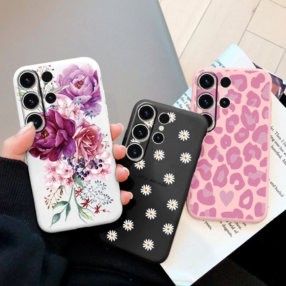Rose Pattern Daisy Plant Leopard Phone Case For Samsung Galaxy S23 Ultra S23 S21 S20 FE s23+ Love Heart Soft Shockproof Cover